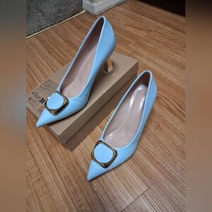 Elegant Sky Blue Bowknot Medium Heels - Glossy Pointed Pumps, Breathable Faux